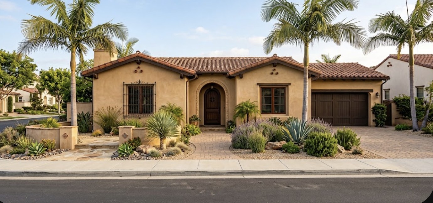 Spanish Mediterranean stucco home exterior with palm trees
