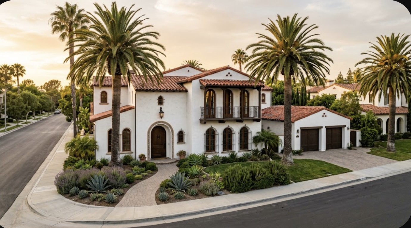Two-story white stucco estate with palm-lined architecture
