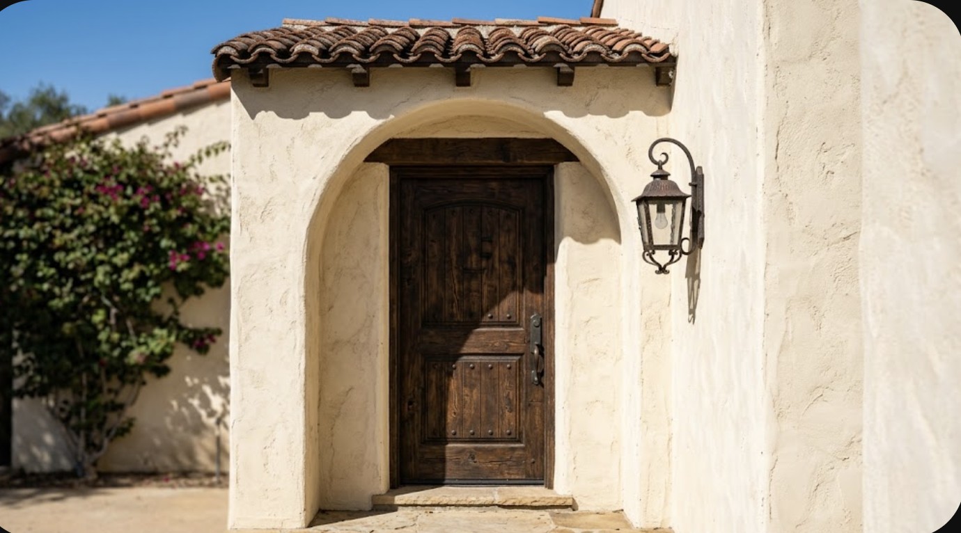 Stucco archway entrance detail with wood door and wrought iron lantern